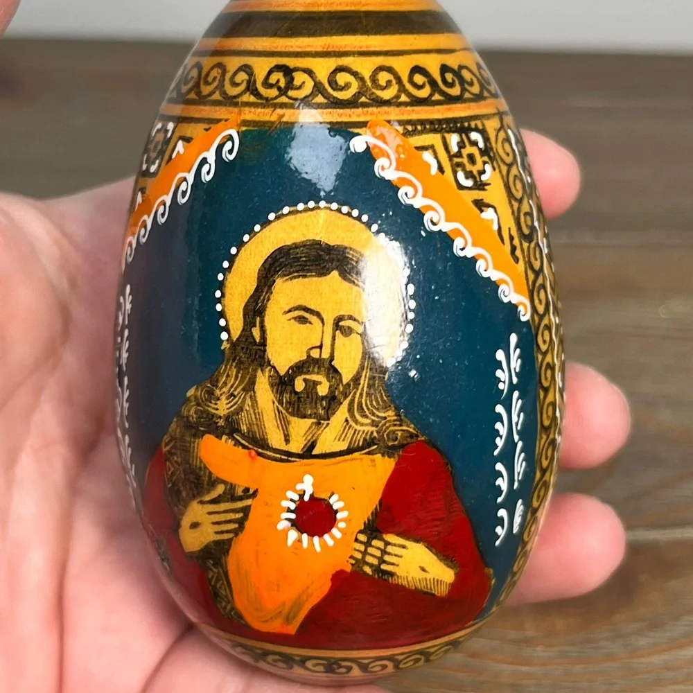Vintage Hand Painted Wooden Egg Russian Orthodox Religious Art Passion Egg 3.5” - Picture 8 of 16